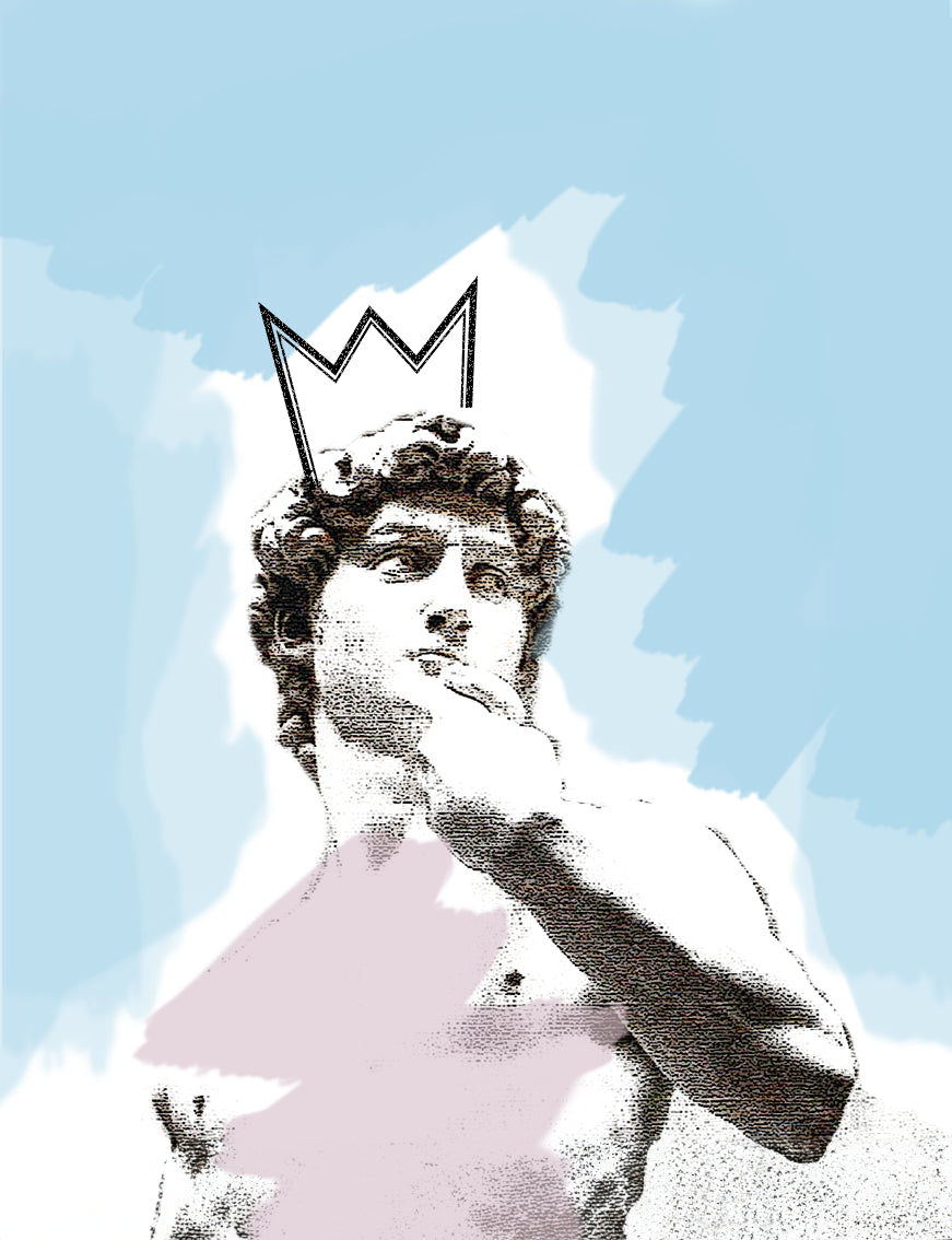 Rappresentazione del David di Michelangelo con corona.