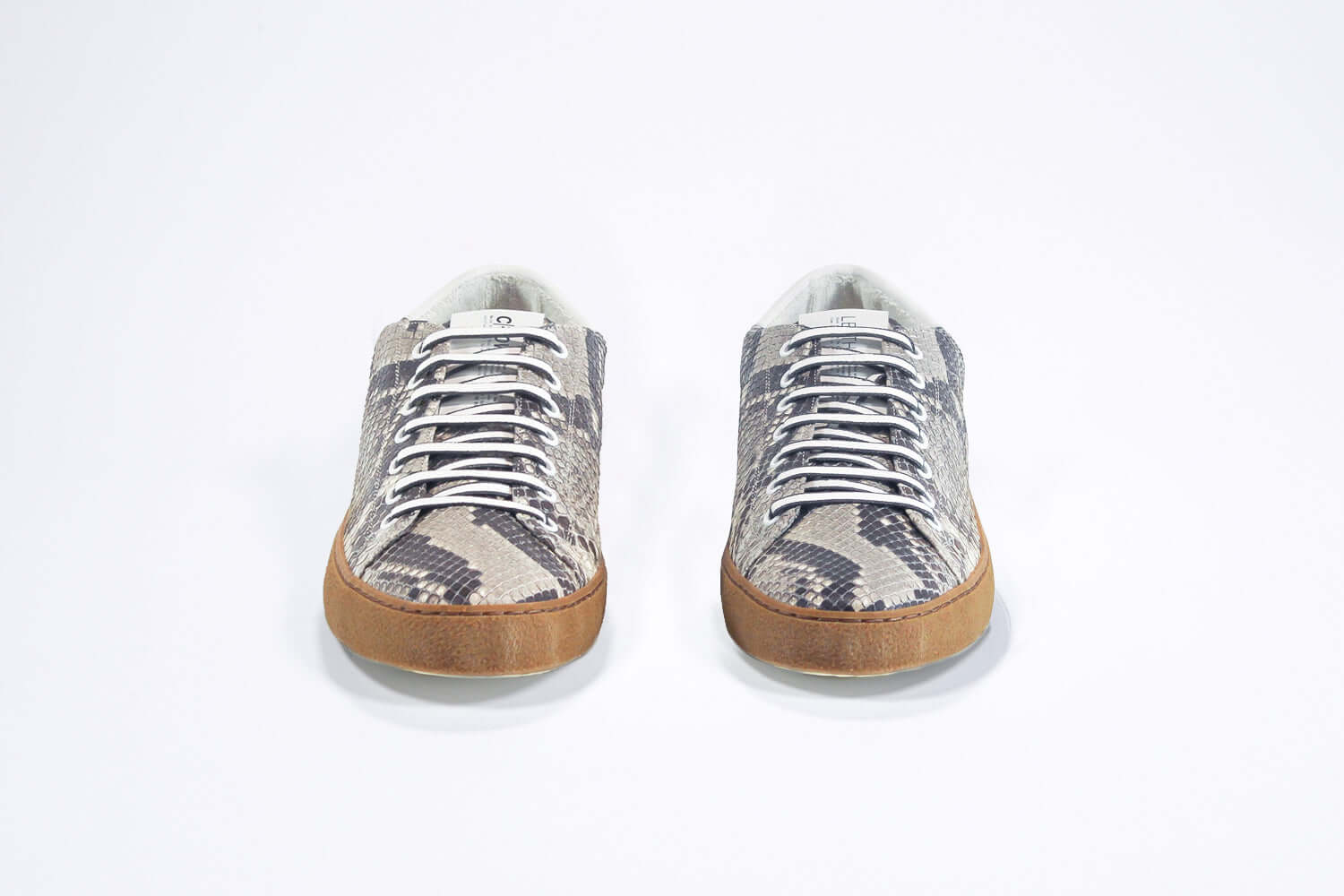Front view of low top python skin sneaker. Full snake skin upper and honey coloured rubber sole.