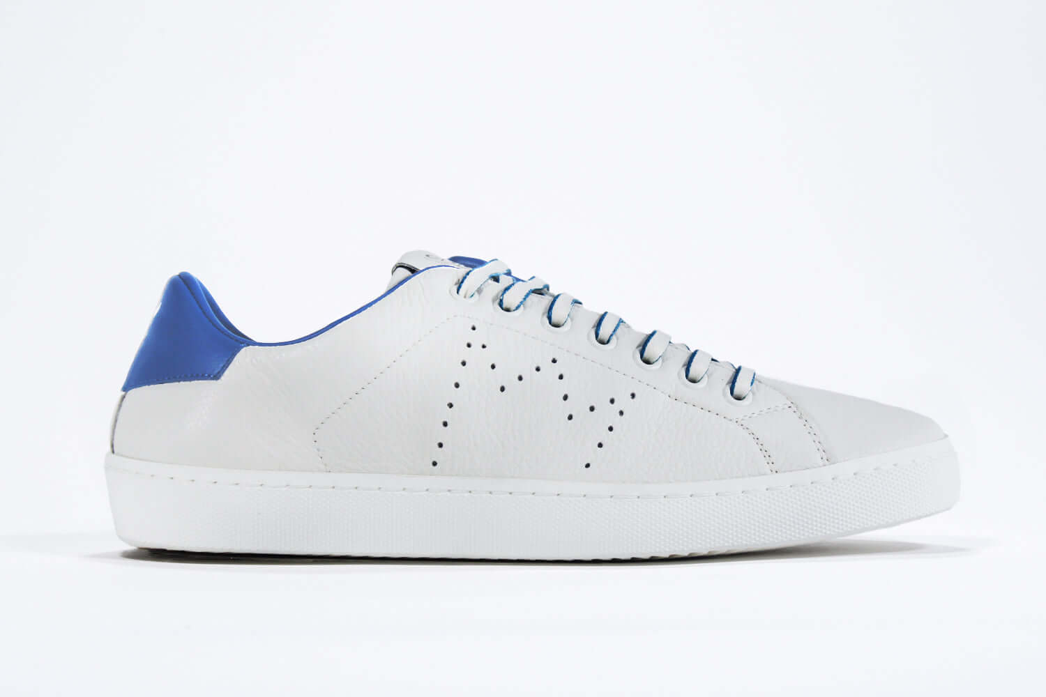 Side profile of low top white sneaker with blue detailing and perforated crown logo on upper. Full leather upper and white rubber sole.