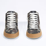 Front view of mid top camouflage print sneaker in canvas, internal zip and honey coloured sole.