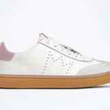 Side view of low top retro sneaker in distressed white leather with peach detailing and honey coloured recycled rubber sole.