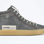 Side profile of high top perforated aged grey leather sneaker with signature red stitching and a dark natural rubber sole.