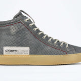 Side profile of high top perforated aged grey leather sneaker with signature red stitching and a dark natural rubber sole.