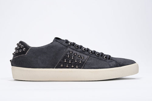 Studlight style in dark navy suede with tonal leather details and gun metal studs.