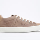 Side profile of low top camel sneaker with perforated crown logo on upper. Full suede upper and white rubber sole.