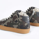 Back view of mid top camouflage print sneaker in canvas, internal zip and honey coloured sole.