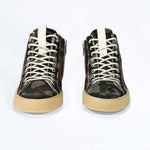 Front view of high top canvas sneaker. Camouflage print canvas upper with signature red stitching and pale natural rubber sole.
