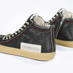 Back view of high top sneaker. Perforated distressed black leather sneakers with signature red stitching and pale natural rubber sole.