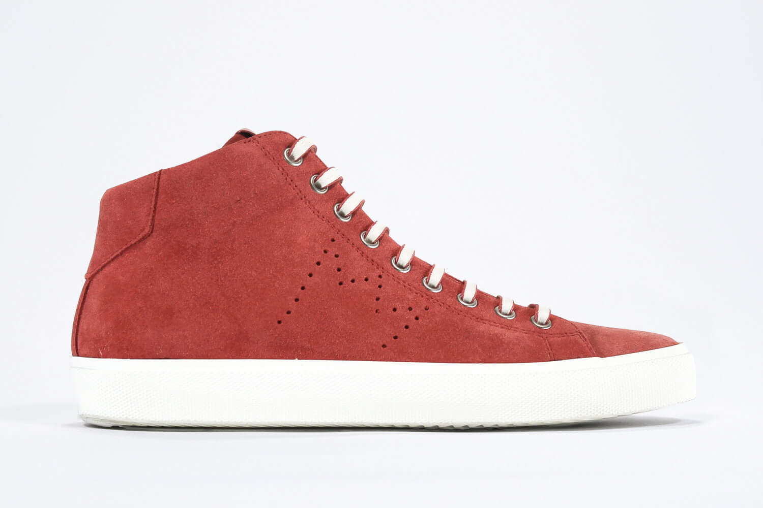  Side profile of mid top sneaker in red suede and leather upper, internal zip and white sole.