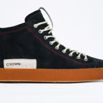 Men's ORIGINAL LC17 High-top Navy Suede Sneaker displays the red stitiching and patchwork logo, shown from the side profile.