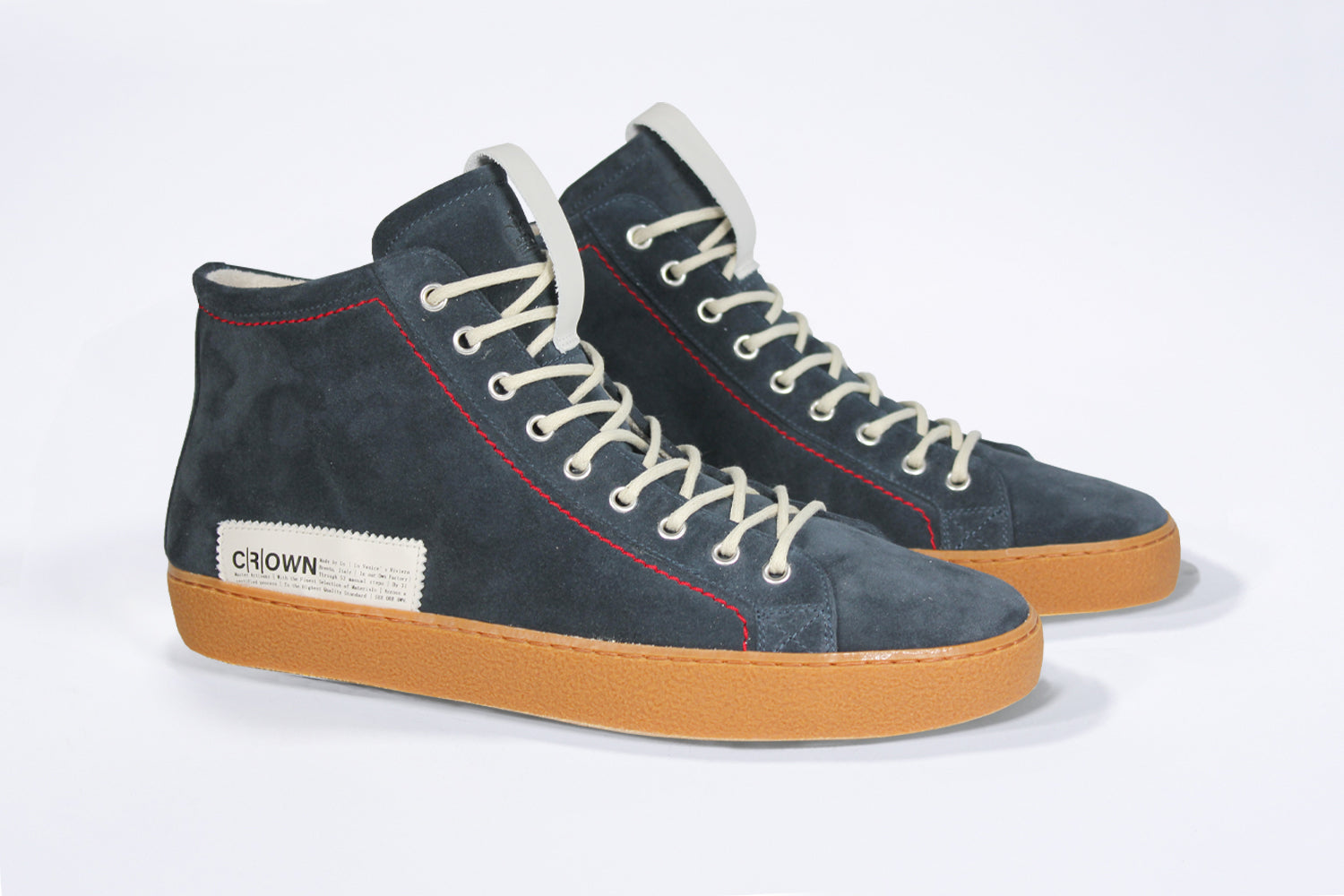 Men's ORIGINAL LC17 High-top Navy Suede Sneaker, sneaker with signature red stitching and a natural rubber sole.