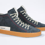 Men's ORIGINAL LC17 High-top Navy Suede Sneaker, sneaker with signature red stitching and a natural rubber sole.