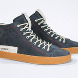 Men's ORIGINAL LC17 High-top Navy Suede Sneaker, sneaker with signature red stitching and a natural rubber sole.