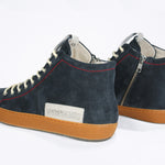 Men's ORIGINAL LC17 High-top Navy Suede Sneaker, with signature red stitching and a natural rubber sole.