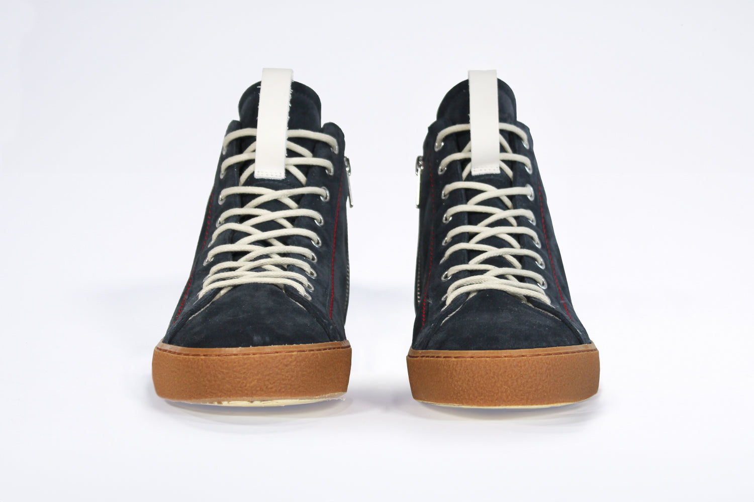 Men's ORIGINAL LC17 High-top Navy Suede Sneaker, with signature red stitching and natural rubber sole.
