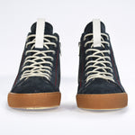 Men's ORIGINAL LC17 High-top Navy Suede Sneaker, with signature red stitching and natural rubber sole.