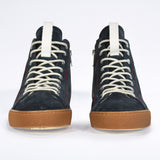 Men's ORIGINAL LC17 High-top Navy Suede Sneaker, with signature red stitching and natural rubber sole.