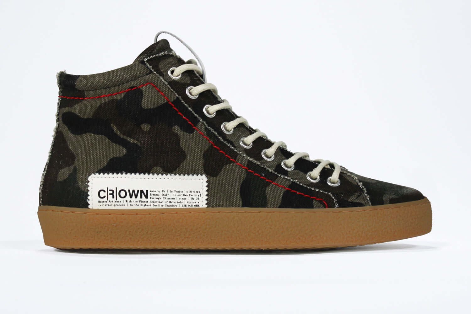 Side view of high top canvas sneaker. Camouflage canvas upper with signature red stitching and a dark natural rubber sole.