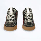 Front view of high top canvas sneaker. Camouflage canvas upper with signature red stitching and a dark natural rubber sole.