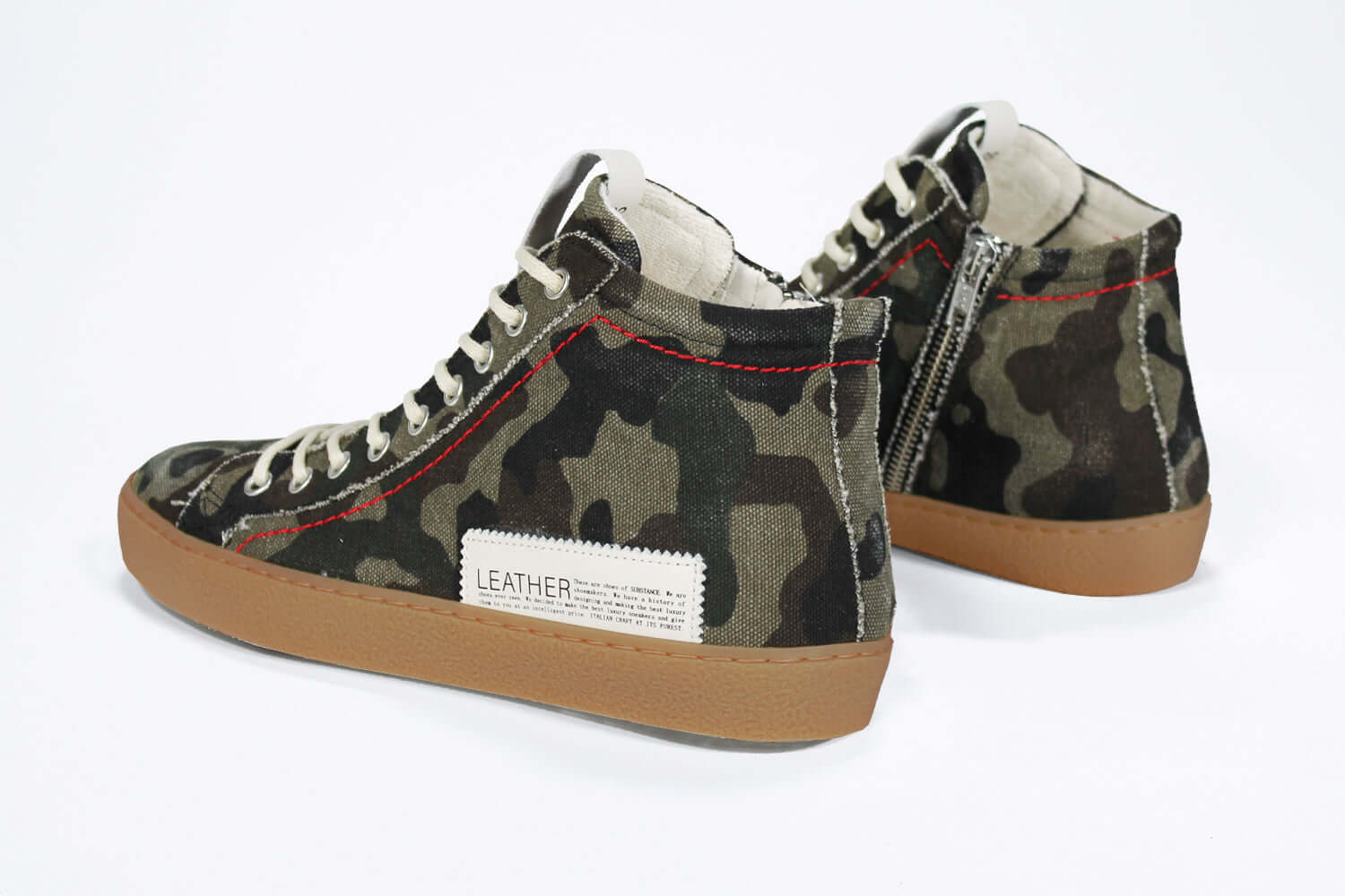 Back view of high top canvas sneaker. Camouflage canvas upper with signature red stitching and a dark natural rubber sole.
