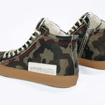 Back view of high top canvas sneaker. Camouflage canvas upper with signature red stitching and a dark natural rubber sole.