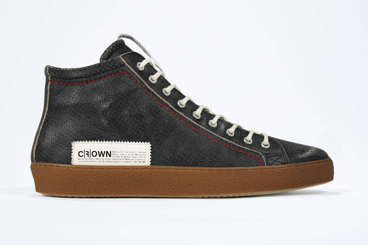 Side profile of high top perforated aged black leather sneaker with signature red stitching and a dark natural rubber sole.
