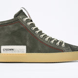 Men's ORIGINAL LC17 High-top Perforated Aged-Khaki Leather, displays the red stitiching and patchwork logo, shown from the side profile.