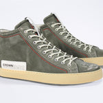 Men's ORIGINAL LC17 High-top Perforated Aged-Khaki Leather sneaker with signature red stitching and a dark natural rubber sole.