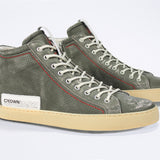 Men's ORIGINAL LC17 High-top Perforated Aged-Khaki Leather sneaker with signature red stitching and a dark natural rubber sole.