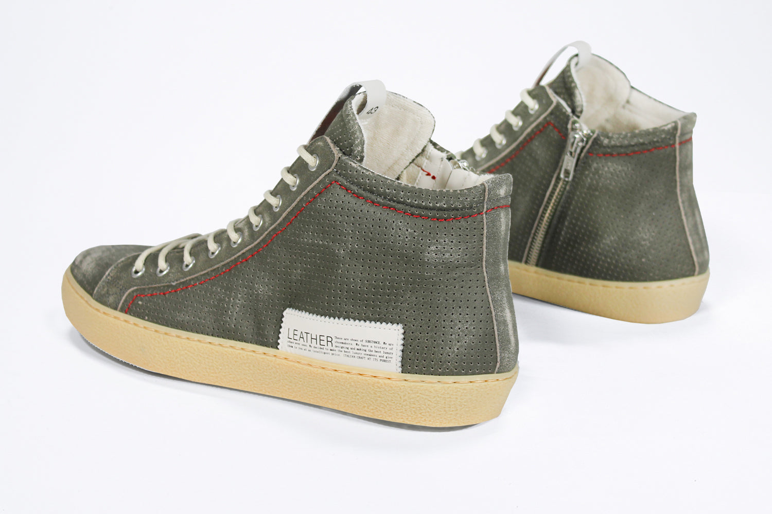 Men's ORIGINAL LC17 High-top Perforated Aged-Khaki Leather sneaker with signature red stitching and a dark natural rubber sole.