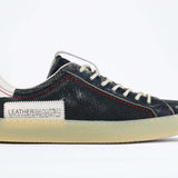 Side profile of low top aged navy sneaker with white accents. Perforated navy leather upper with red stitching and pale rubber sole.