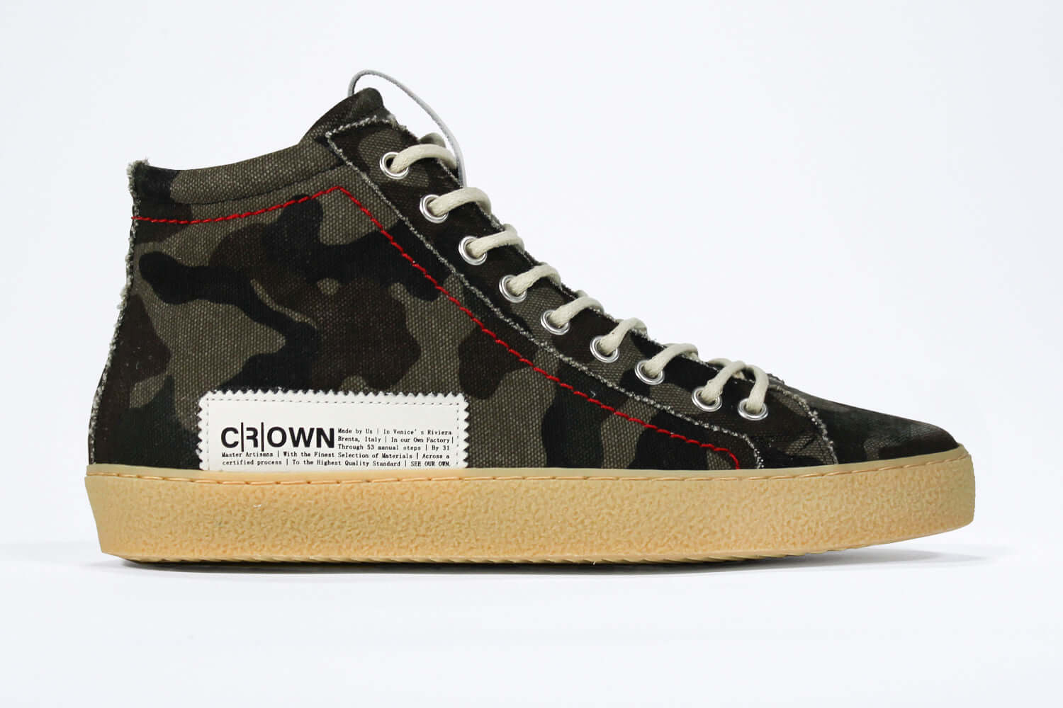 Side profile of high top canvas sneaker. Camouflage print canvas upper with signature red stitching and pale natural rubber sole.