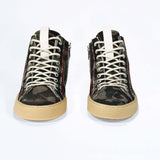 Front view of high top canvas sneaker. Camouflage print canvas upper with signature red stitching and pale natural rubber sole.