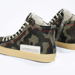 Back view of high top canvas sneaker. Camouflage print canvas upper with signature red stitching and pale natural rubber sole.