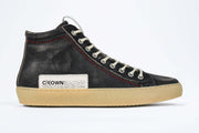 Leather Crown Women's ORIGINAL LC17 High-top Perforated Aged-Black Leather, displays the red stitching and patchwork logo, shown from the side profile.
