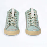 Front view of high top sneaker. Perforated sky blue leather sneakers with signature red stitching and pale natural rubber sole.