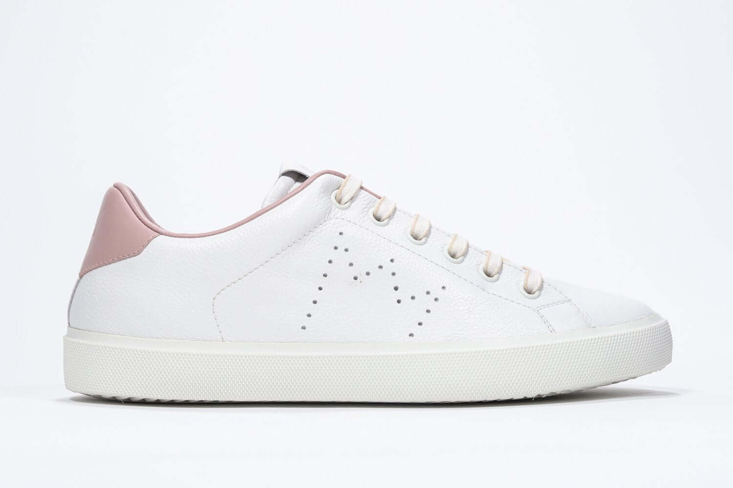 Side profile of low top white sneaker with pale pink detailing and perforated crown logo on upper. Full leather upper and white rubber sole.