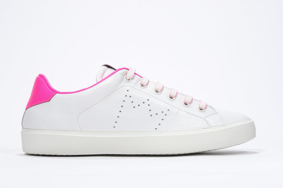 Side profile of low top white sneaker with neon pink detailing and perforated crown logo on upper. Full leather upper and white rubber sole.