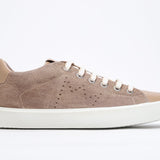 Side profile of low top cuoio sneaker with perforated crown logo on upper. Full suede upper and white rubber sole.